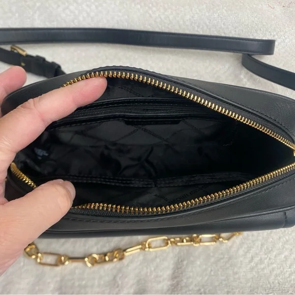 Michael Kors Women's Black Leather Gold Logo Parker Camera Crossbody Bag Classic - Picture 10 of 15